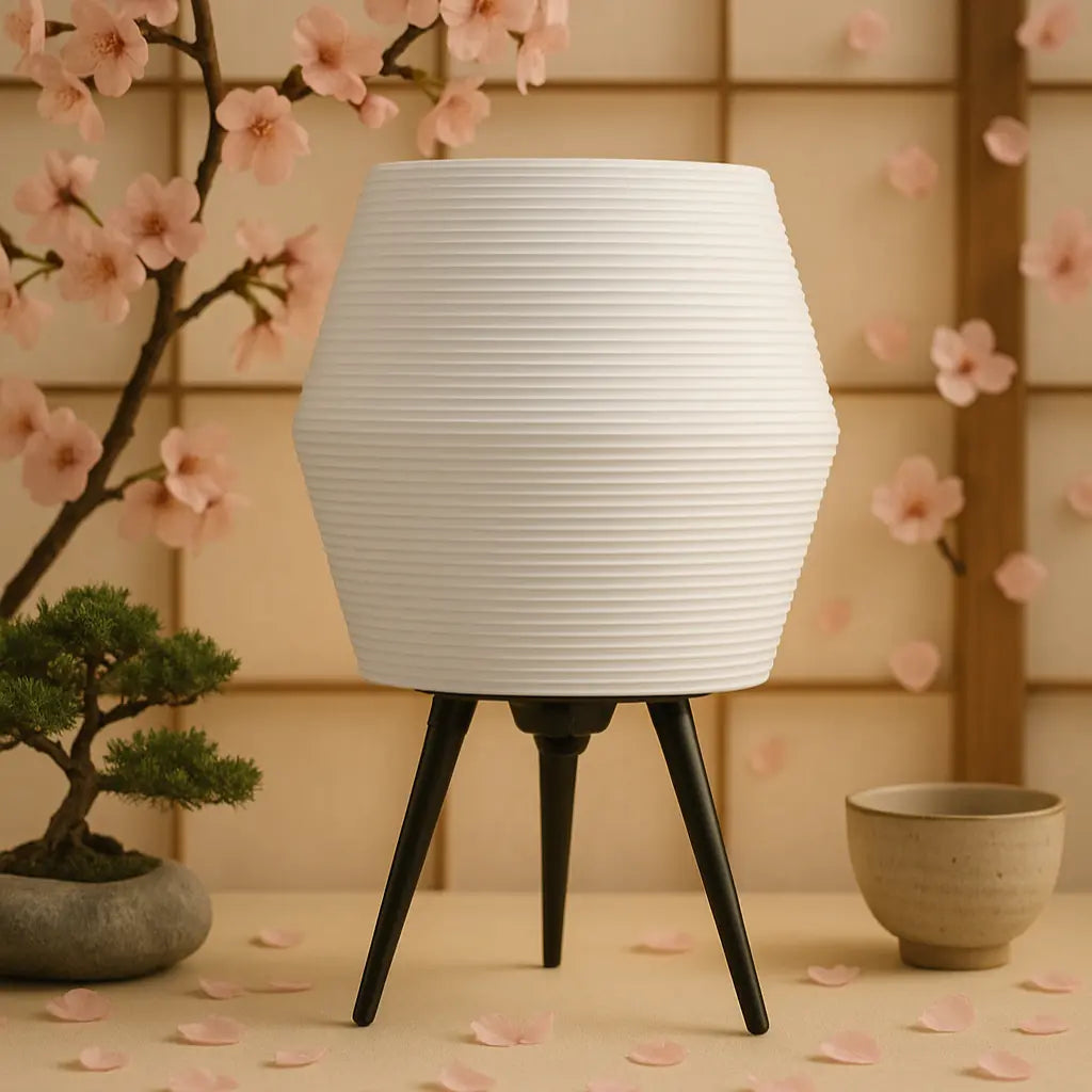 White textured lamp with black legs on a table with cherry blossoms and a pot in the background