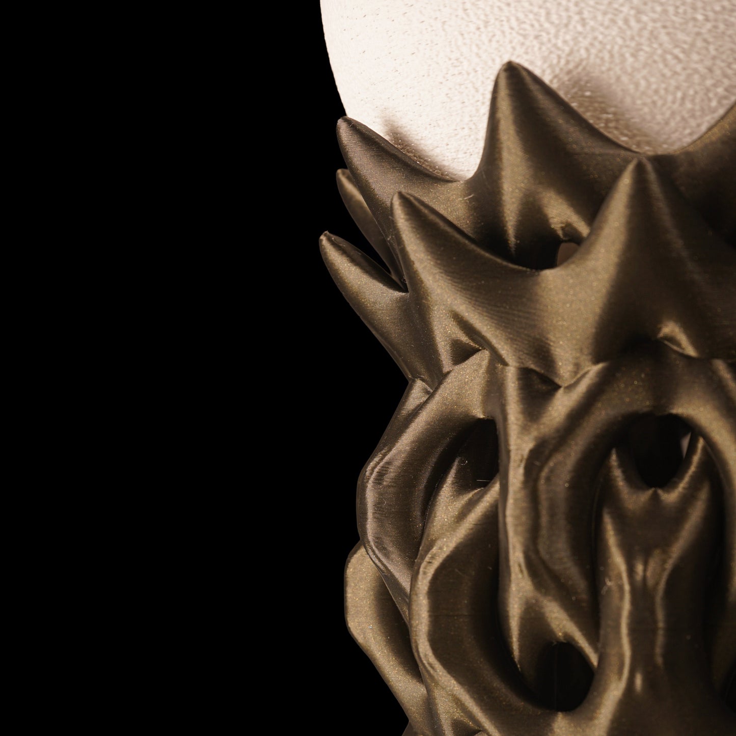 Close up on body of a sci fi theme lamp with a white textured shade